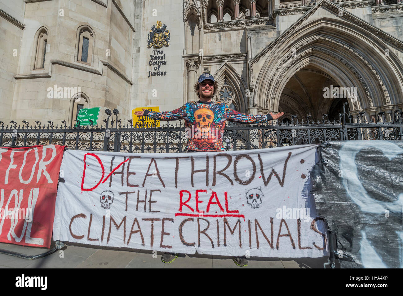 London, UK. 3rd Apr, 2017. Grow Heathrow, a community project protesting against a third runway at Heathrow Airport for the last 7 years, could face an immediate threat of eviction if the landowners of the site, Lewdown Holdings Limited, are granted a possession order. The case will be heard at Central London County Court, Thomas More Building, Royal Courts of Justice from Monday 3rd April to Wednesday 5th April, with Grow Heathrow's defence being heard on the 3rd and 4th, and the judgement given on the afternoon of the 5th. Credit: Guy Bell/Alamy Live News Stock Photo