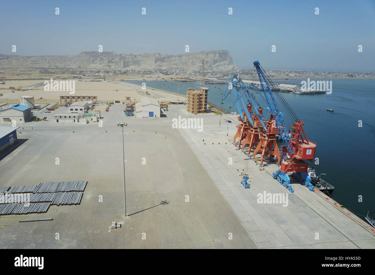 (170403) -- GWADAR(PAKISTAN), April 3, 2017 (Xinhua) -- Photo taken on March 23, 2017 shows the Gwadar port area in Gwadar, Pakistan. Gwadar, a poorly-known port town previously in Pakistan has been becoming a new economic engine for the country with the construction of a free zone co-built with China. (Xinhua/Liu Tian) (sxk) Stock Photo