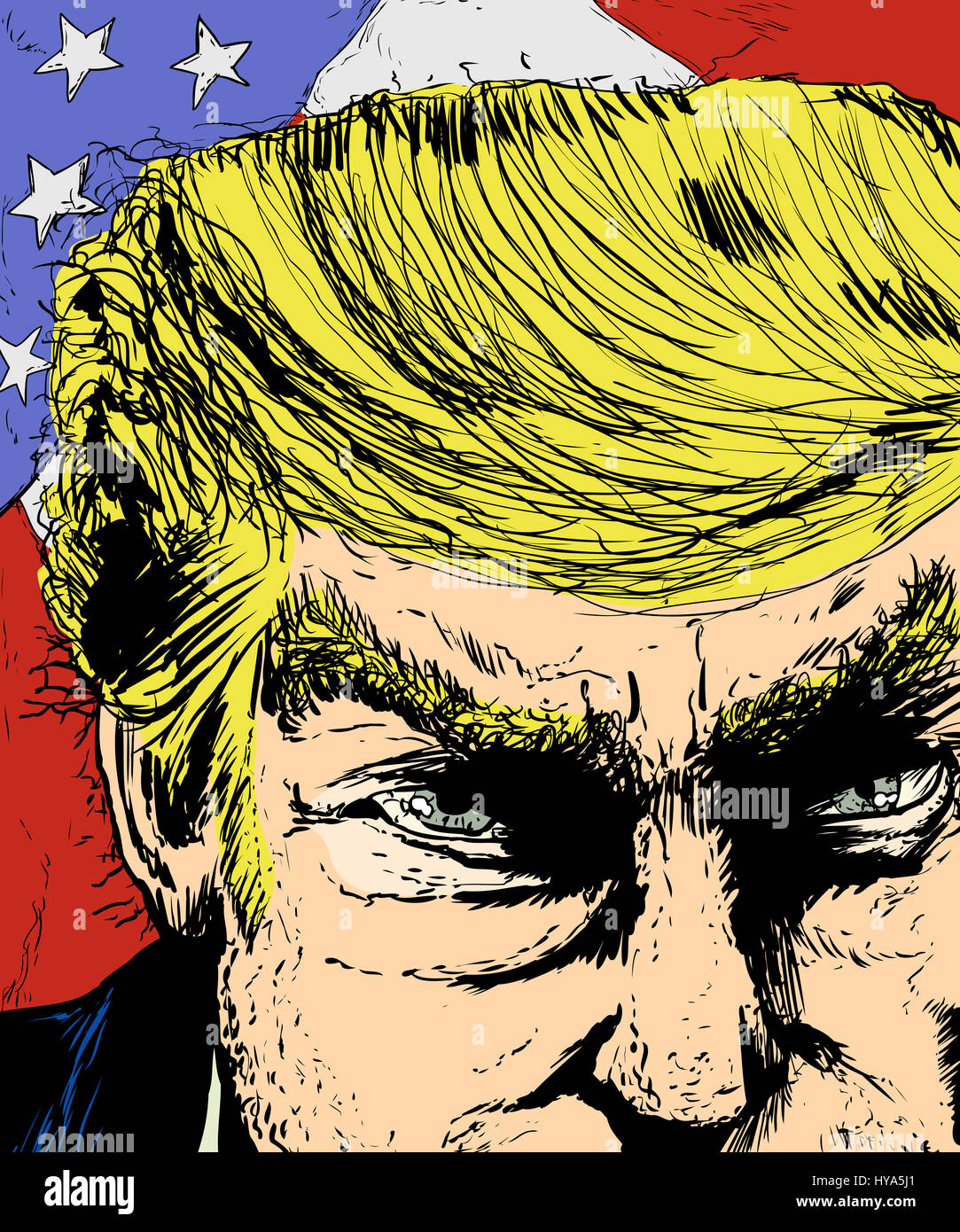 April 1, 2017. Close up sketch on face of Donald Trump with colorful American flag Stock Photo