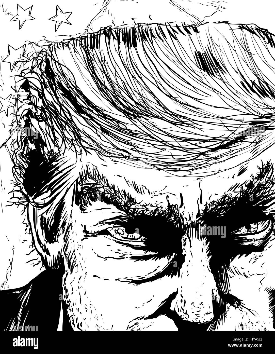 April 1, 2017. Outlined close up sketch on face of Donald Trump scowling Stock Photo