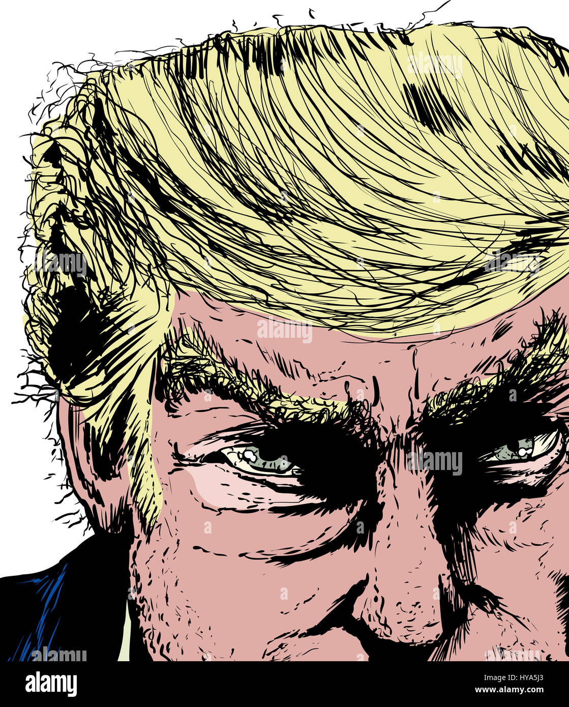 April 1, 2017. Close up sketch on face of Donald Trump scowling Stock Photo