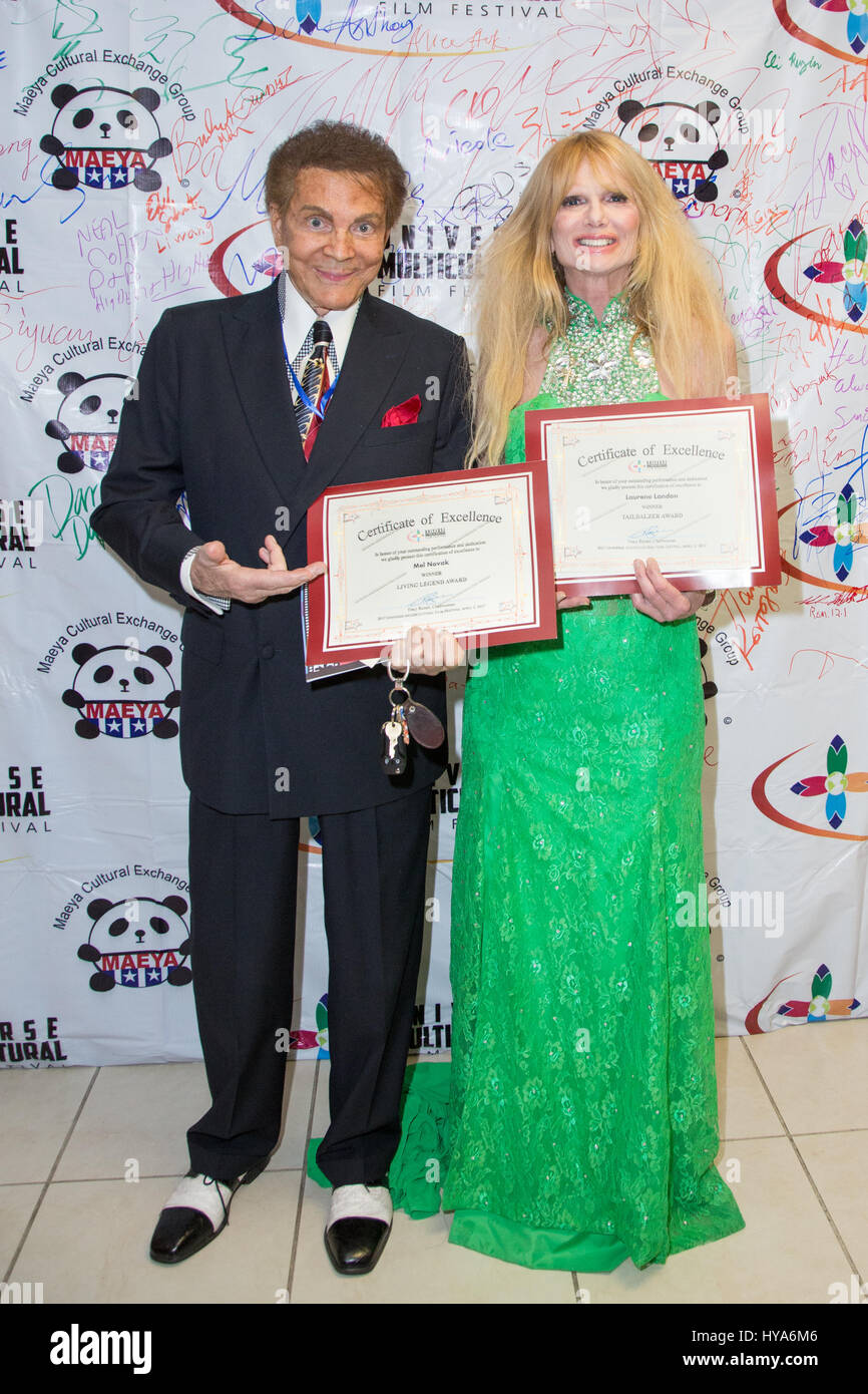 Los Angeles, California, USA. 2nd April, 2017. Actor Mel Novak recieves the 'Living Legend Award' and actress Laurene Landon receives the 'Trailblazer Award' at the Universe Multicultural Film Festival at the RHCC Community Center in Rolling Hills Estates, California on April 2nd, 2017.  © Sheri Determan/Alamy Live News Stock Photo