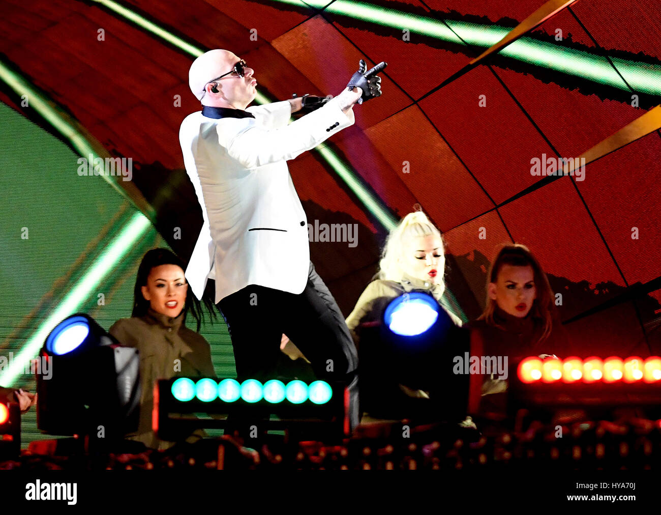 Orlando, FL, USA. 2nd Apr, 2017. Pitbull performs at WWE's WrestleMania 33 at the Camping World Stadium in Orlando, Florida on April 2, 2017. Credit: George Napolitano/Media Punch/Alamy Live News Stock Photo