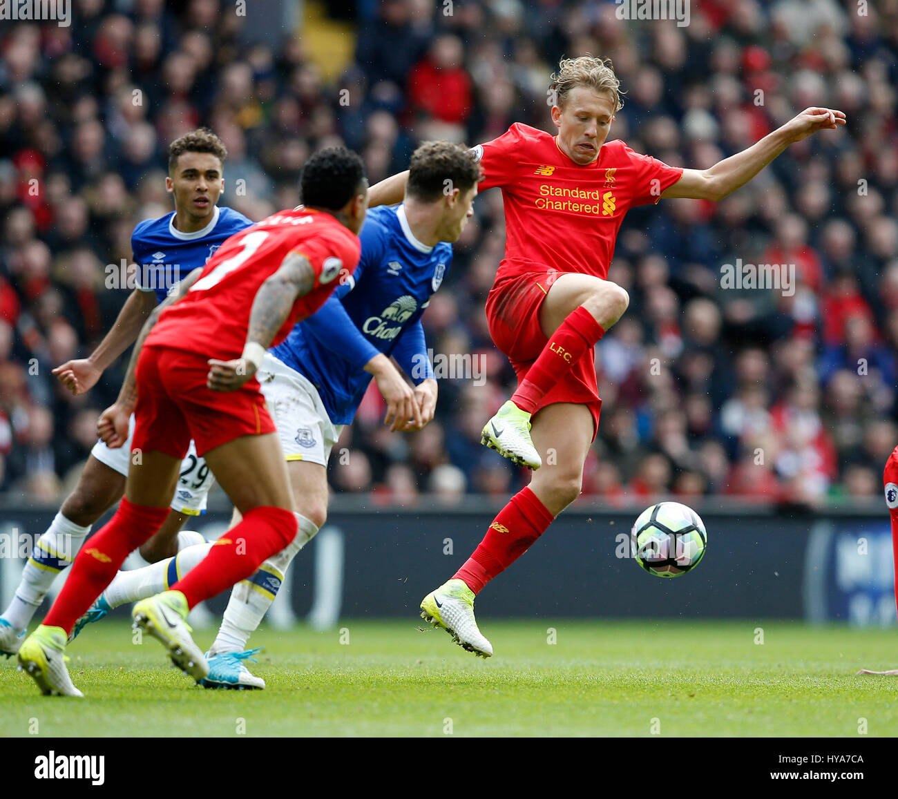Liverpool, UK. 1st Apr, 2017. Lucas Leiva of Liverpool wins the ball during the English Premier League match at Anfield Stadium, Liverpool. Picture date: April 1st 2017. Pic credit should read: Simon Bellis/Sportimage Credit: csm/Alamy Live News Stock Photo