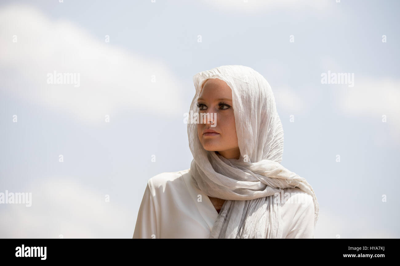 Barbara Meier, top model and ambassador for fair trade textiles visits Waaf Dhu, a region plagued by drought and hunger in the Somali region of Ethiopia on 03 April, 2017. Meier belongs to the delegation of federal development minister Mueller. Photo: Kay Nietfeld/dpa Stock Photo