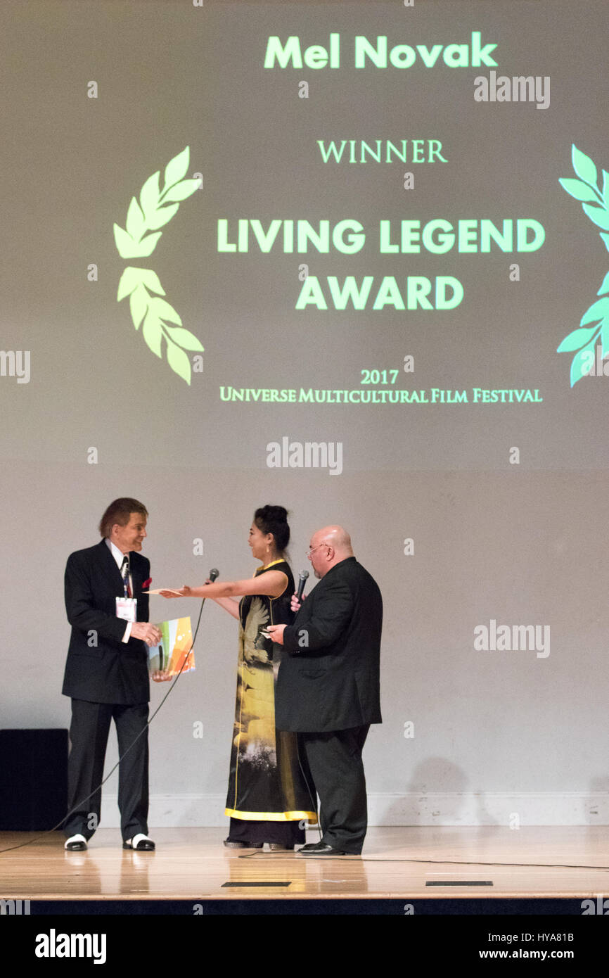 Los Angeles, California, USA. 2nd April, 2017. Actor Mel Novak receives the 'Living Legend Award' at the Universe Multicultural Film Festival at the RHCC Community Center in Rolling Hills Estates, California on April 2nd, 2017.  © Sheri Determan/Alamy Live News Stock Photo