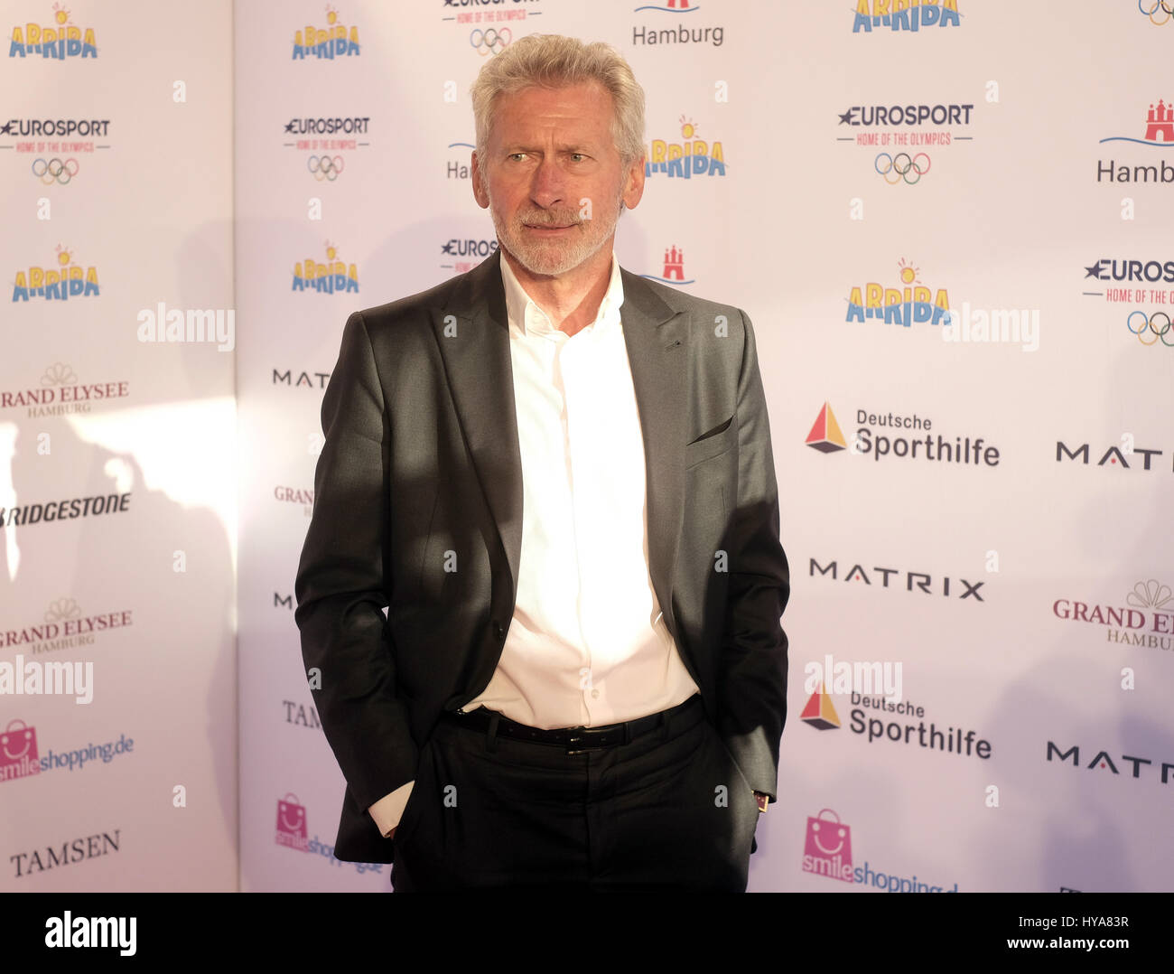 Former German national football player Paul Breitner on the red carpet before the German Sports Journalist prize ceremony in Hamburg, Germany, 3 April 2017. Photo: Axel Heimken/dpa Stock Photo