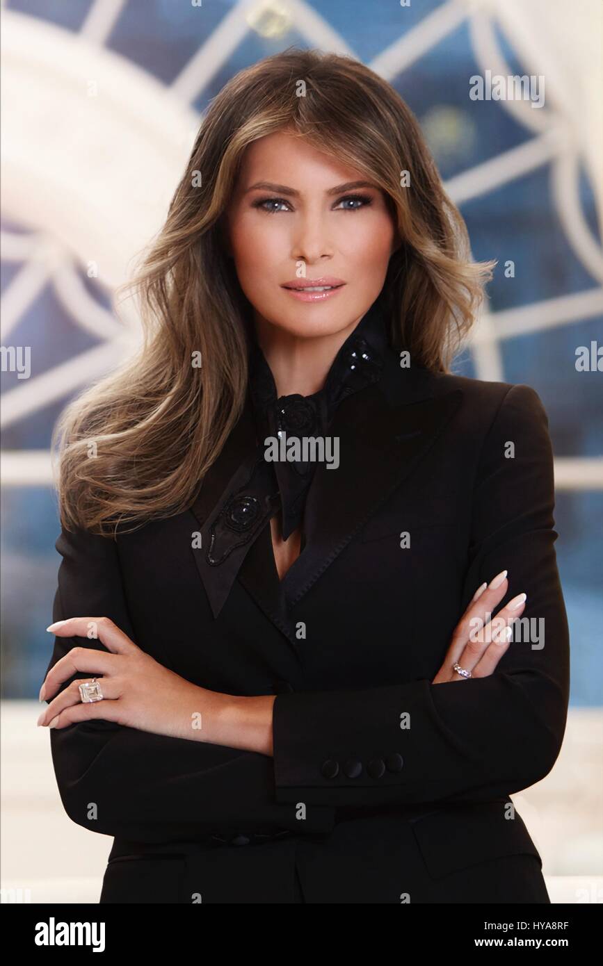 Washington, USA. 03rd Apr, 2017. U.S. First Lady Melania Trump official portrait released by the White House April 3, 2017 in Washington, DC. The 46-year-old former professional model is seen wearing a black ensemble and striking an assertive pose. Credit: Planetpix/Alamy Live News Stock Photo