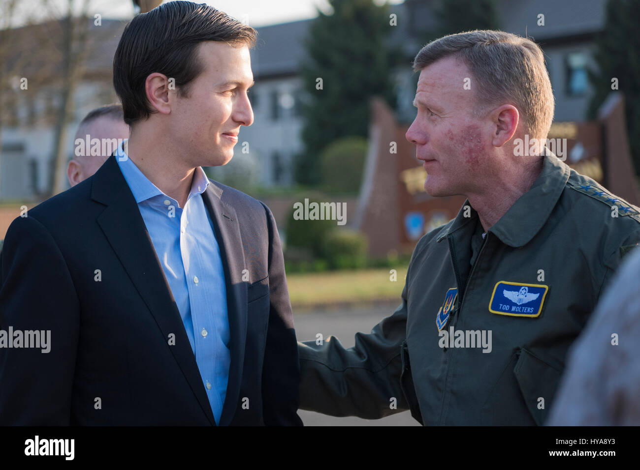 Kaiserslautern, Germany. 03rd Apr, 2017. U.S. Air Force Gen. Tod Wolters, commander, U.S. Air Forces in Europe and Africa, right, chats with Jared Kushner, Senior Advisor and son-in-law to President Trump on departure from Ramstein Air Base for a visit to Iraq April 3, 2017 in Kaiserslautern, Rheinland-Pfalz, Germany. Credit: Planetpix/Alamy Live News Stock Photo