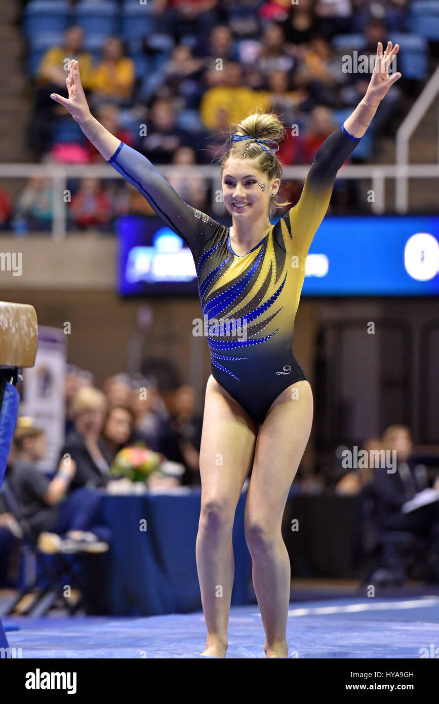 Morgantown, West Virginia, USA. 1st Apr, 2017. WVU gymnast ABBY KAUFMAN competes on balance beam during the 2017 NCAA Gymnastics regional Championships being held at the WVU Coliseum in Morgantown, WV. Credit: Ken Inness/ZUMA Wire/Alamy Live News Stock Photo