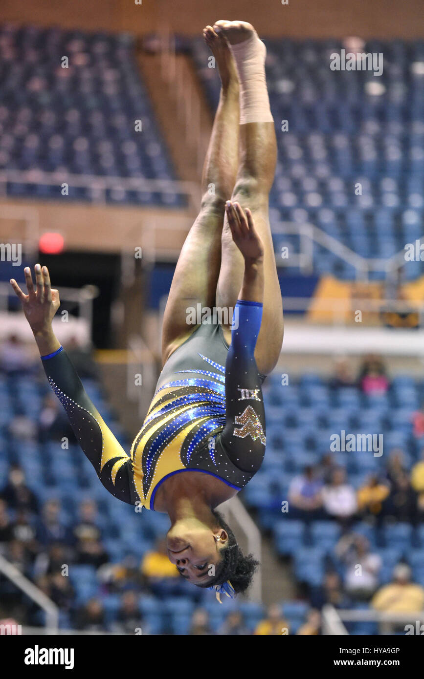 Morgantown, West Virginia, USA. 1st Apr, 2017. WVU gymnast ZAAKIRA ...