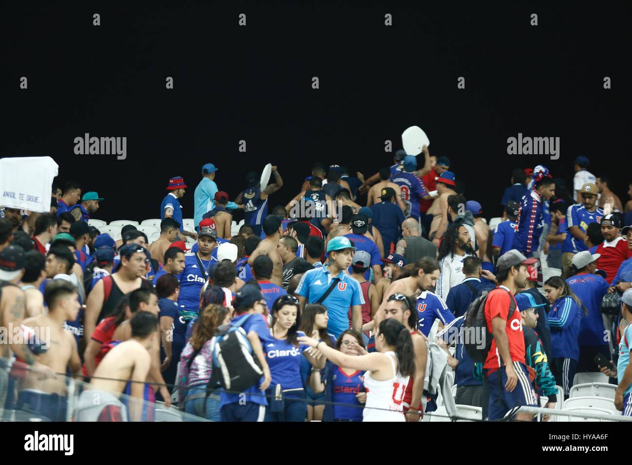 Fans of Universidad de Chile provoke Corinthians fans before the match validated by the first round of the 2017 South American Cup, at the Corinthians Arena, on the night of Wednesday, 05. (PHOTO: ADRIANA SPACA/BRAZIL PHOTO PRESS) Stock Photo