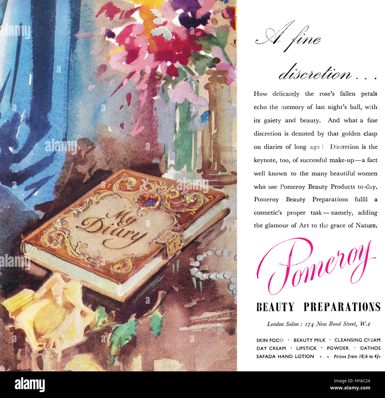 1946 British advertisement for Pomeroy Beauty Preparations. Stock Photo