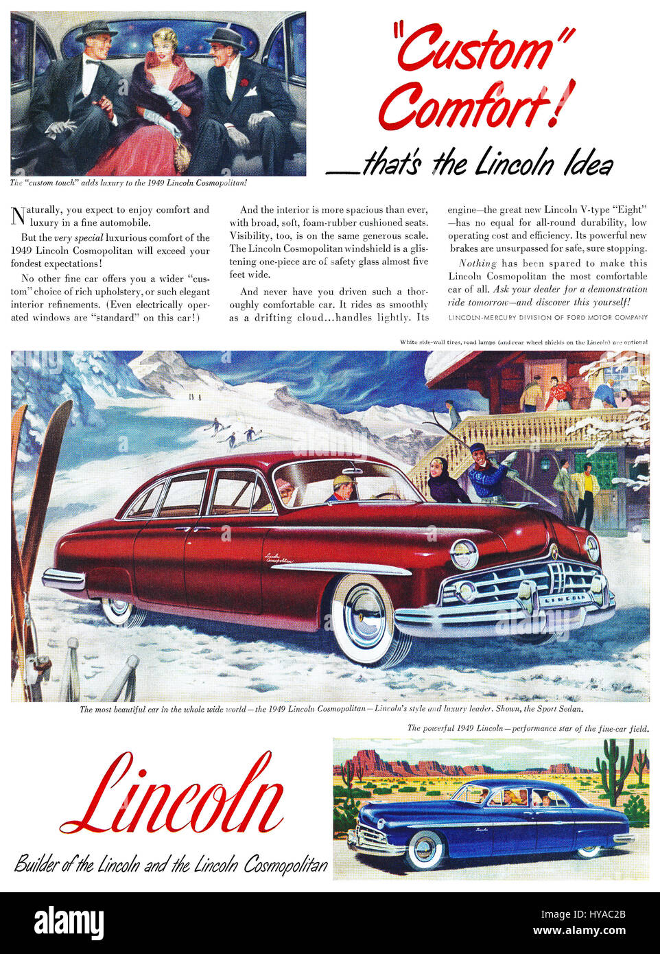 1949 U.S. advertisement for the Ford Lincoln Cosmopolitan automobile. Stock Photo