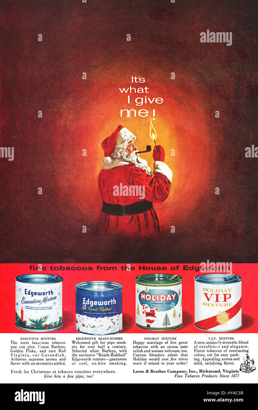 1960 U.S. Christmas advertisement for Edgeworth Tobacco. Stock Photo