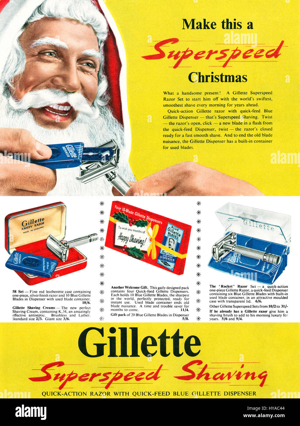 1953 British Christmas advertisement for Gillette Razors. Stock Photo