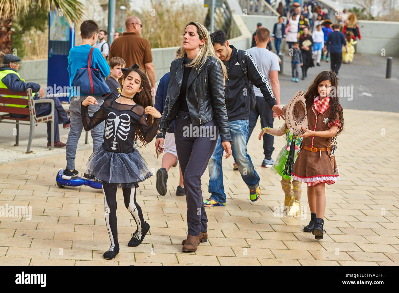 Tel Aviv - 20 February 2017: People wearing costumes in Israel during Purim celebration Stock Photo