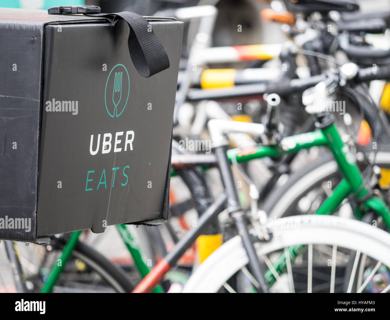 An Uber Eats bike food delivery box in London UK Stock Photo