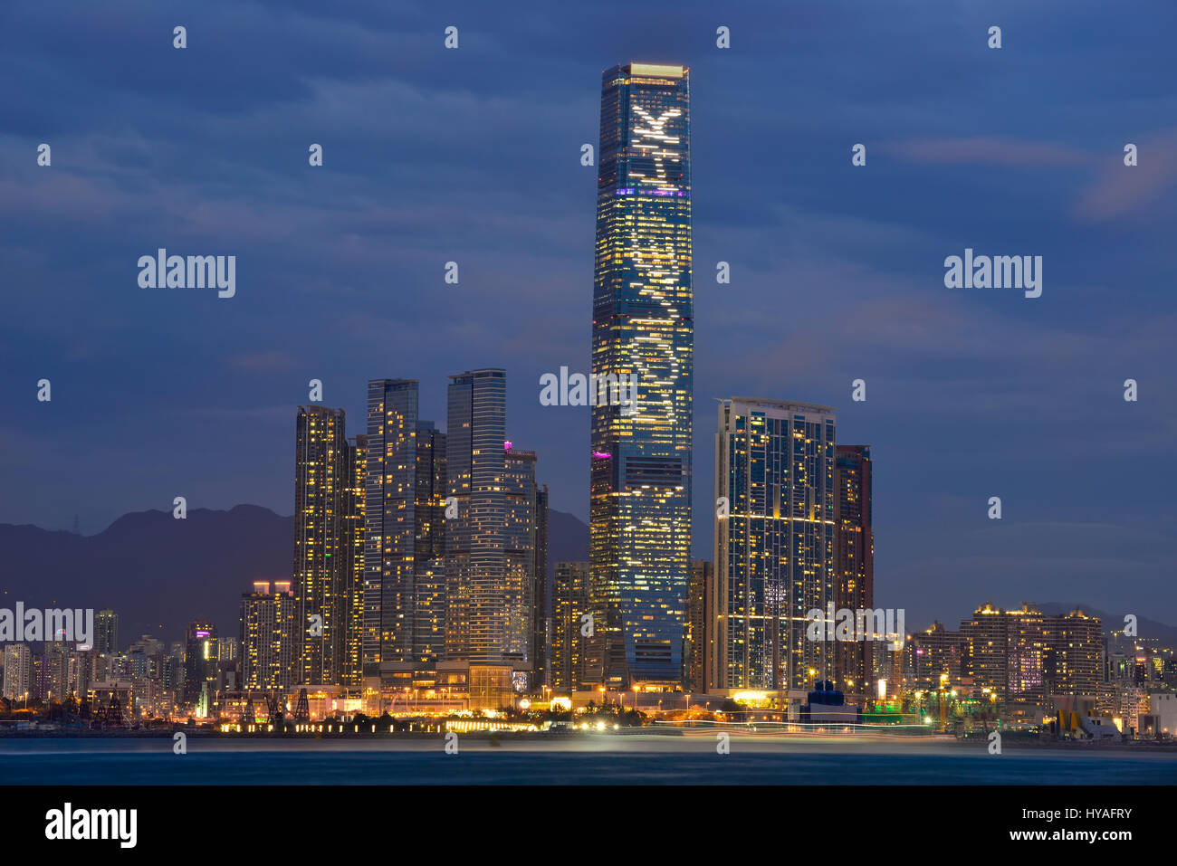 The new Kowloon skyline and Hong Kong's tallest building, The International Commerce Center ICC, Hong Kong, China. Stock Photo