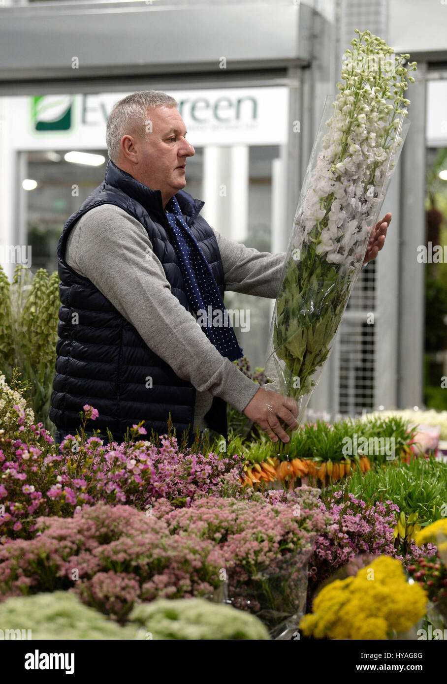 EDITORIAL USE ONLY Flower trader John Hardcastle prepares blooms at the Flower Market at New Covent Garden Market for the first time today at the opening of the new Nine Elms Lane site, London. Stock Photo