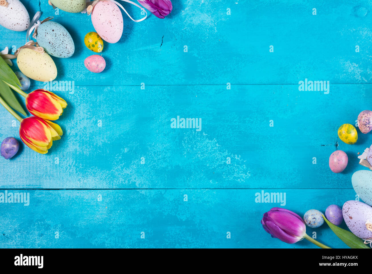 Easter eggs and tulips top view frame on bright blue background Stock ...