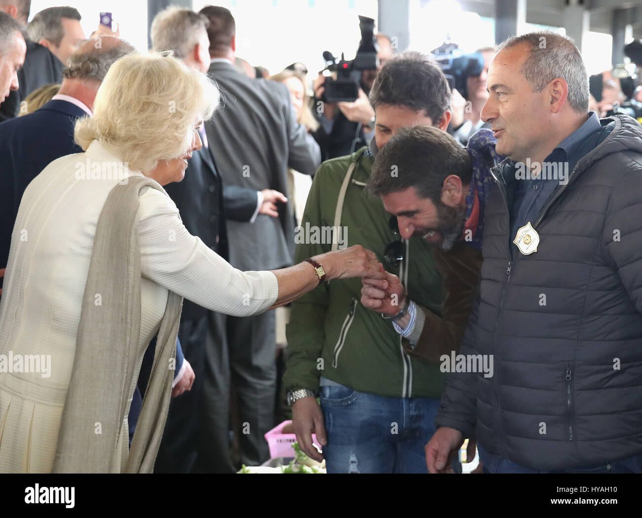 The Duchess of Cornwall visits Sant'Ambrogio Market to celebrate the Slow Food movement and meet local food producers of the Abruzzo region and areas affected by the Italian earthquakes of 2016, on the sixth day of the Prince of Wales's nine-day European tour. Stock Photo