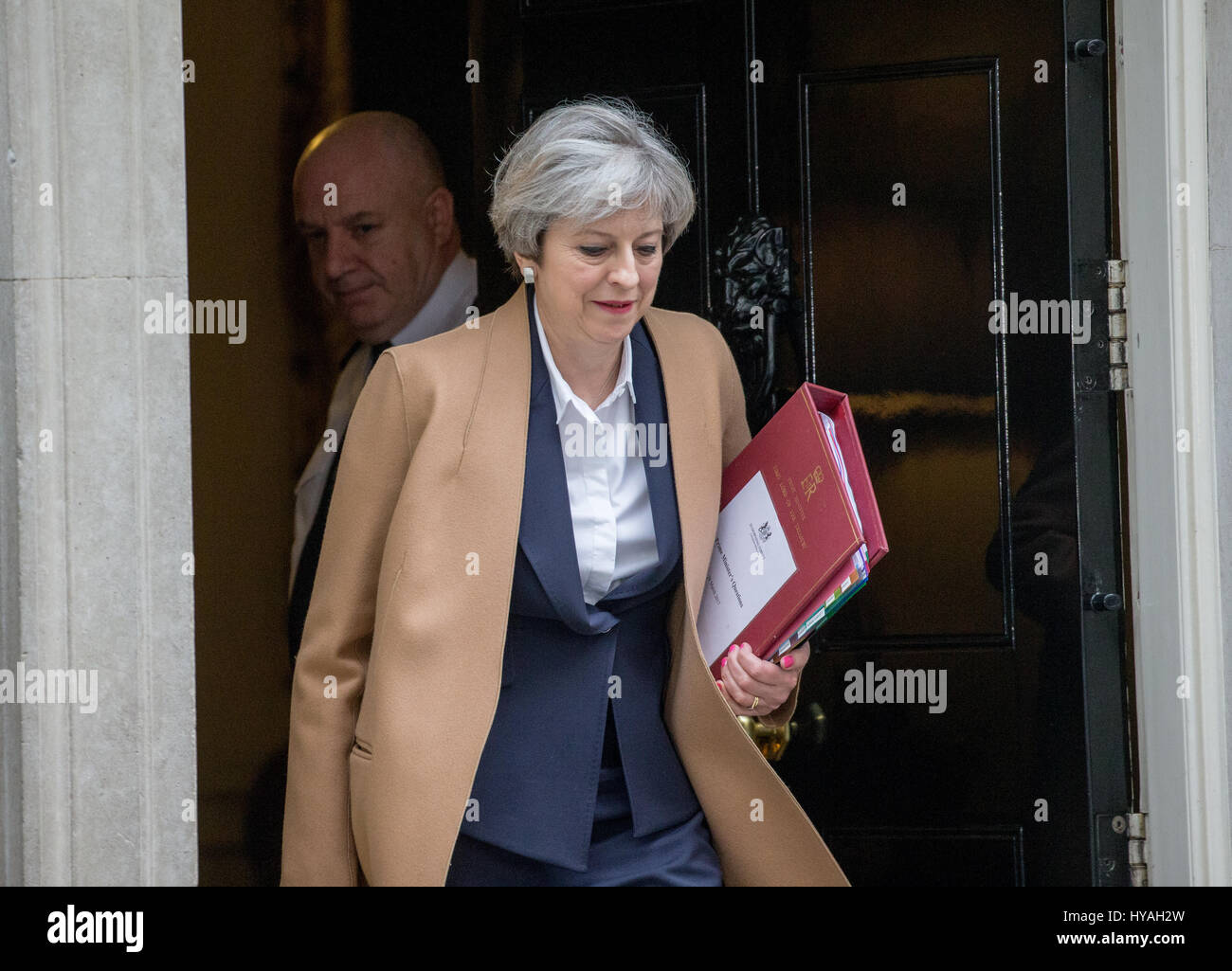 PrimeMinister,Theresa May,leaves number 10 for Prime Ministers' Questions at the Houses of Parliament Stock Photo