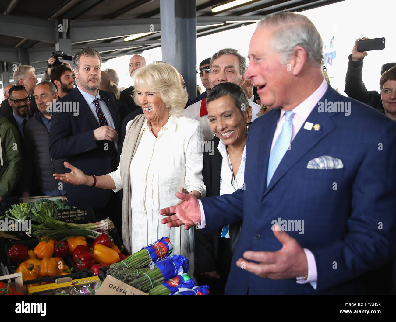 The Prince of Wales and the Duchess of Cornwall visit Sant'Ambrogio Market to celebrate the Slow Food movement and meet local food producers of the Abruzzo region and areas affected by the Italian earthquakes of 2016, on the sixth day of his nine-day European tour. Stock Photo