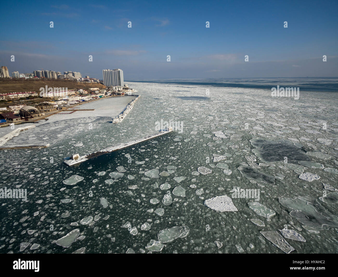 Aerial drone image of the Black Sea frozen at 12 Station Beach in Odessa Ukraine. Stock Photo