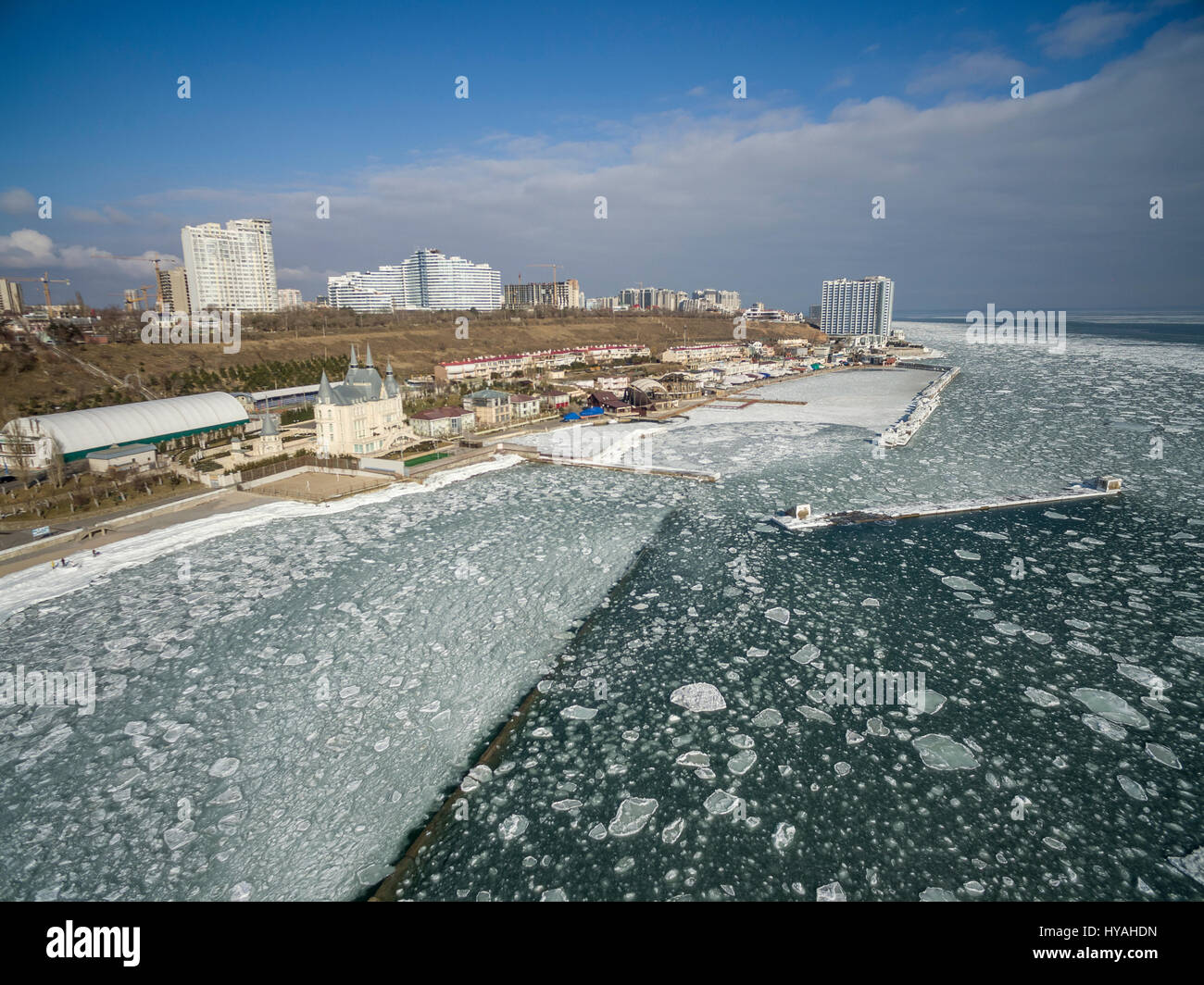 Aerial drone image of the Black Sea frozen at 12 Station Beach in Odessa Ukraine. Stock Photo