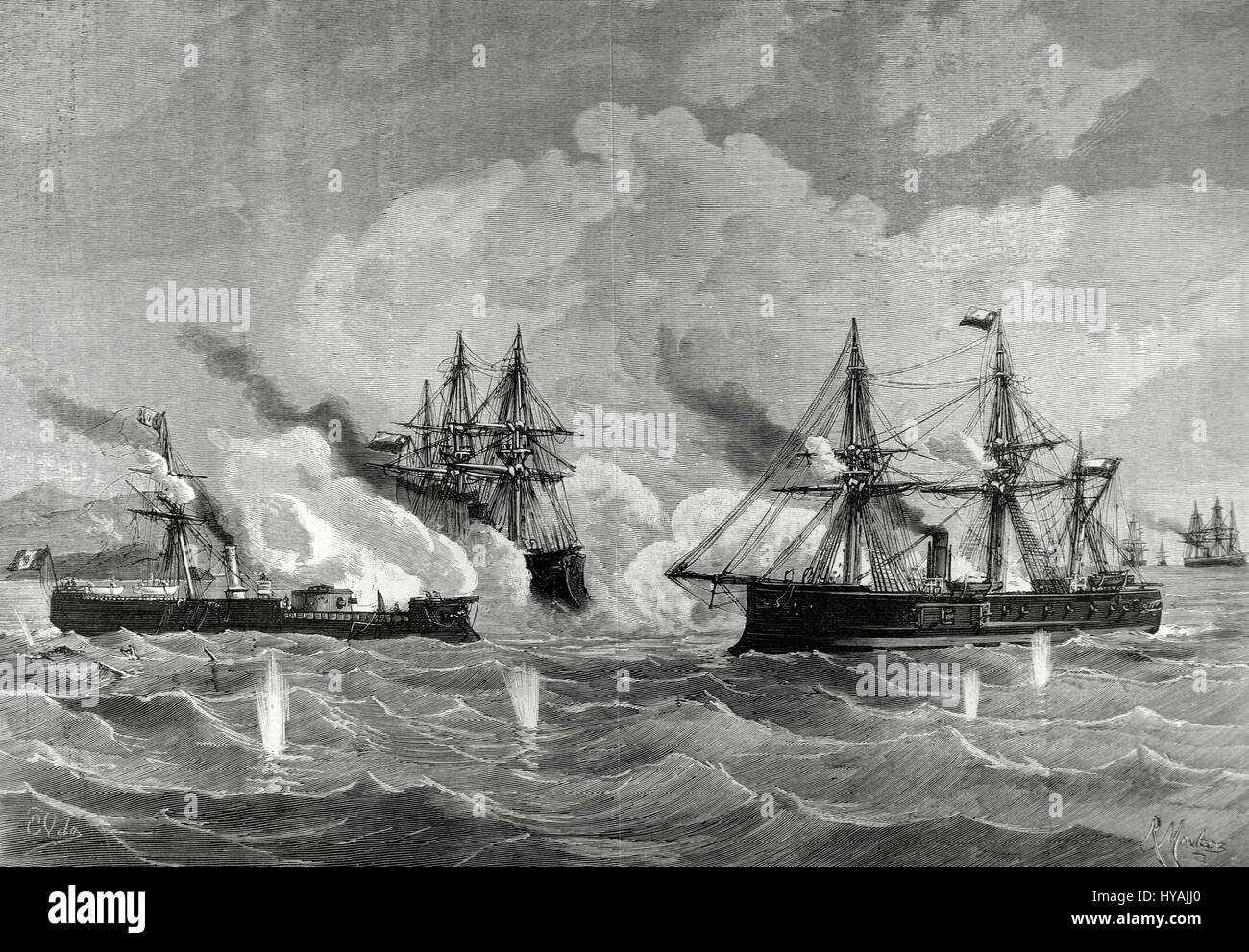 War of the Pacific.1879-1883. Conflict between Chile and Peru and Bolivia. Naval combat. Huascar ship against the Chilean Blanco Escalada and Cochrane ships in port of Mejillones, October 8, 1879. Engraving by Eugenio Vela. La Ilustracion Espanola y Americana, 1879. Stock Photo