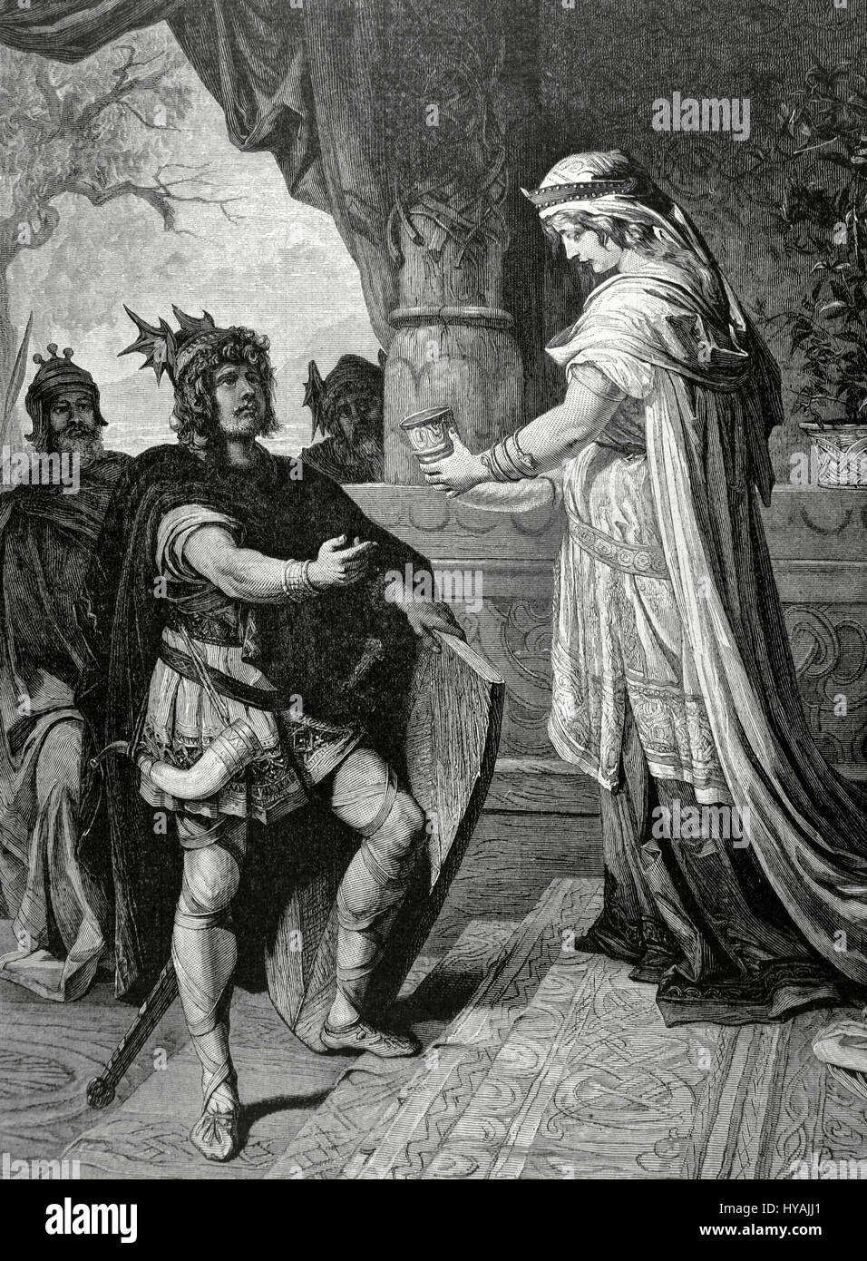 Nibelungenlied. Anonymous epic poem. 13th century. Scene depicting Kriemhild and Sigurd. Engraving by  M. Weber after a canvas of German painter Theodor Pixis (1831-1907). 'La Ilustracion', 1884. Stock Photo