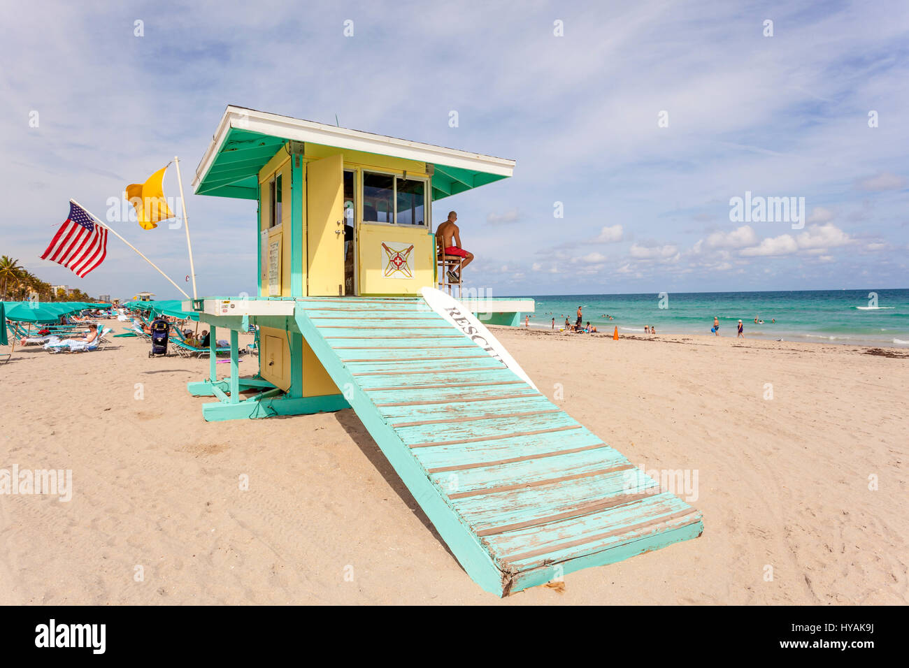 Hollywood Beach, Fl, USA - March 13, 2017: Colorful lifeguard tower at the Hollywood Beach on a sunny day in March. Florida, United States Stock Photo