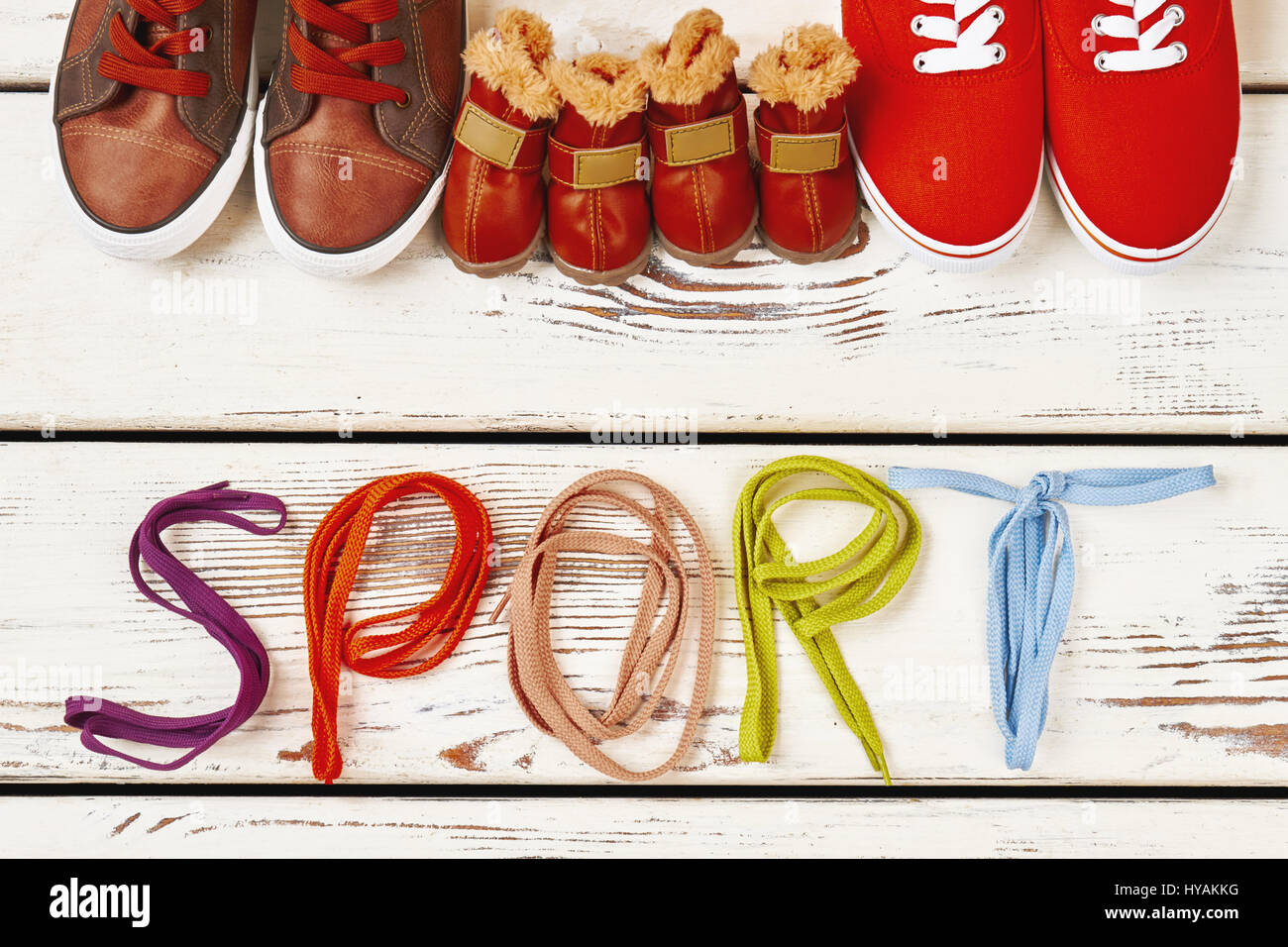 Shoelaces and family sport shoes Stock Photo Alamy