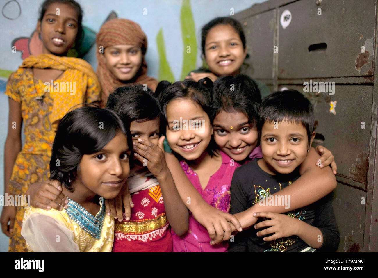 Girls from the Happy Homes refuge. THREE BRITONS are saying E-OH to the Subcontinent by taking on the eccentric challenge of crossing India on a seven-horse-power rickshaw dressed as the iconic children’s television characters the Teletubbies. Driving 2,000miles on pothole infested dirt roads from the “Golden City” of Jaisalmer in the state of Rajastan to the station of Shillong in the Himalayas, pictures show how locals responded to the wacky-costumed trio who are driving up to 13-hours per day and hope to raise £30K for a women’s refuge in Bangladesh. Led by estate agent Sean Newman (47) and Stock Photo