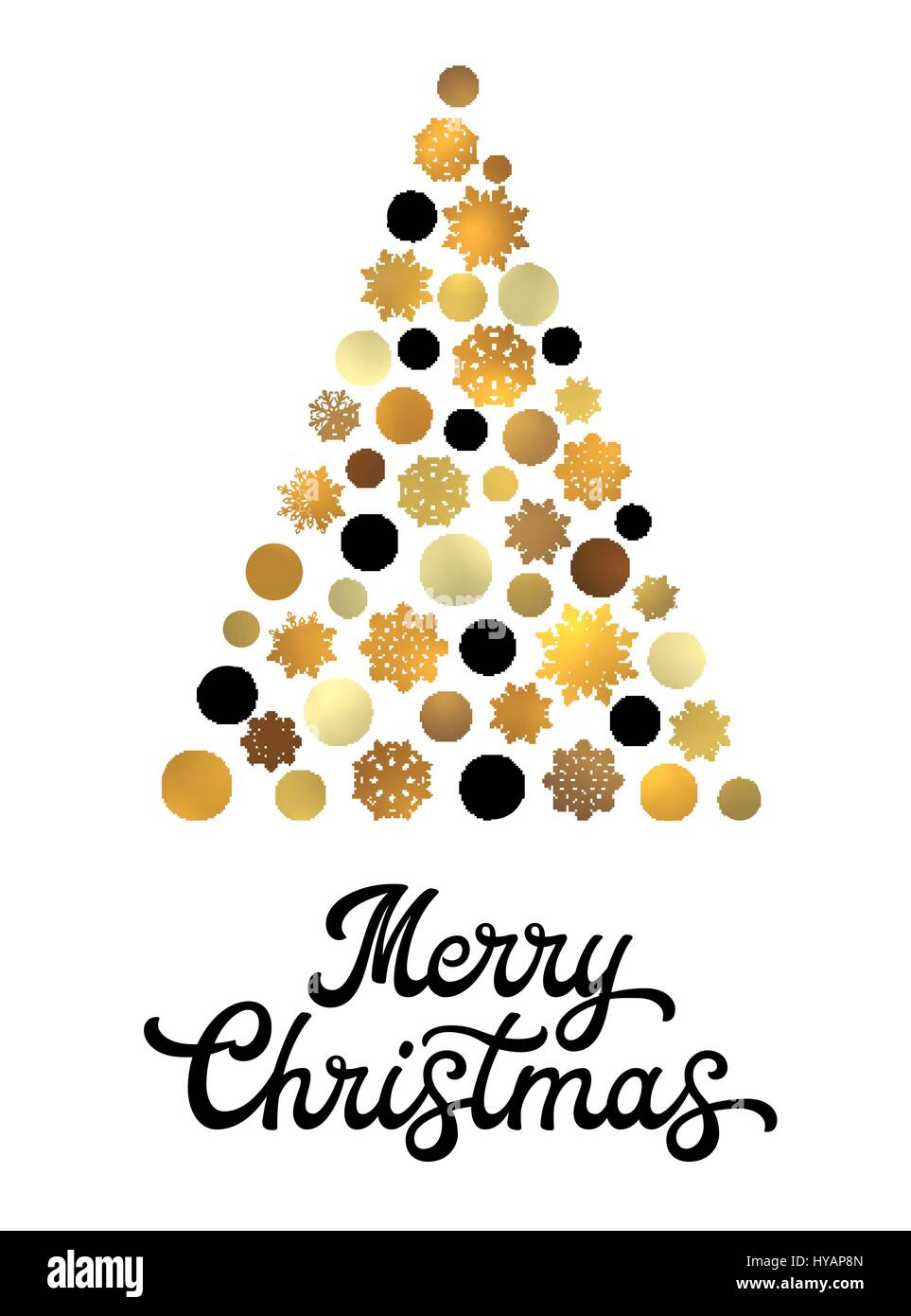 Stylized Christmas tree isolated on white background with trendy black hand lettering design. Stylish Xmas card with golden circles and snowflakes. Seasons greetings vector font illustration. Stock Vector