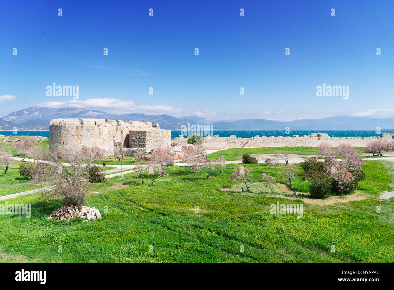 View of Patras Rion castle and Rio Antirrio bridge, Greece Stock Photo