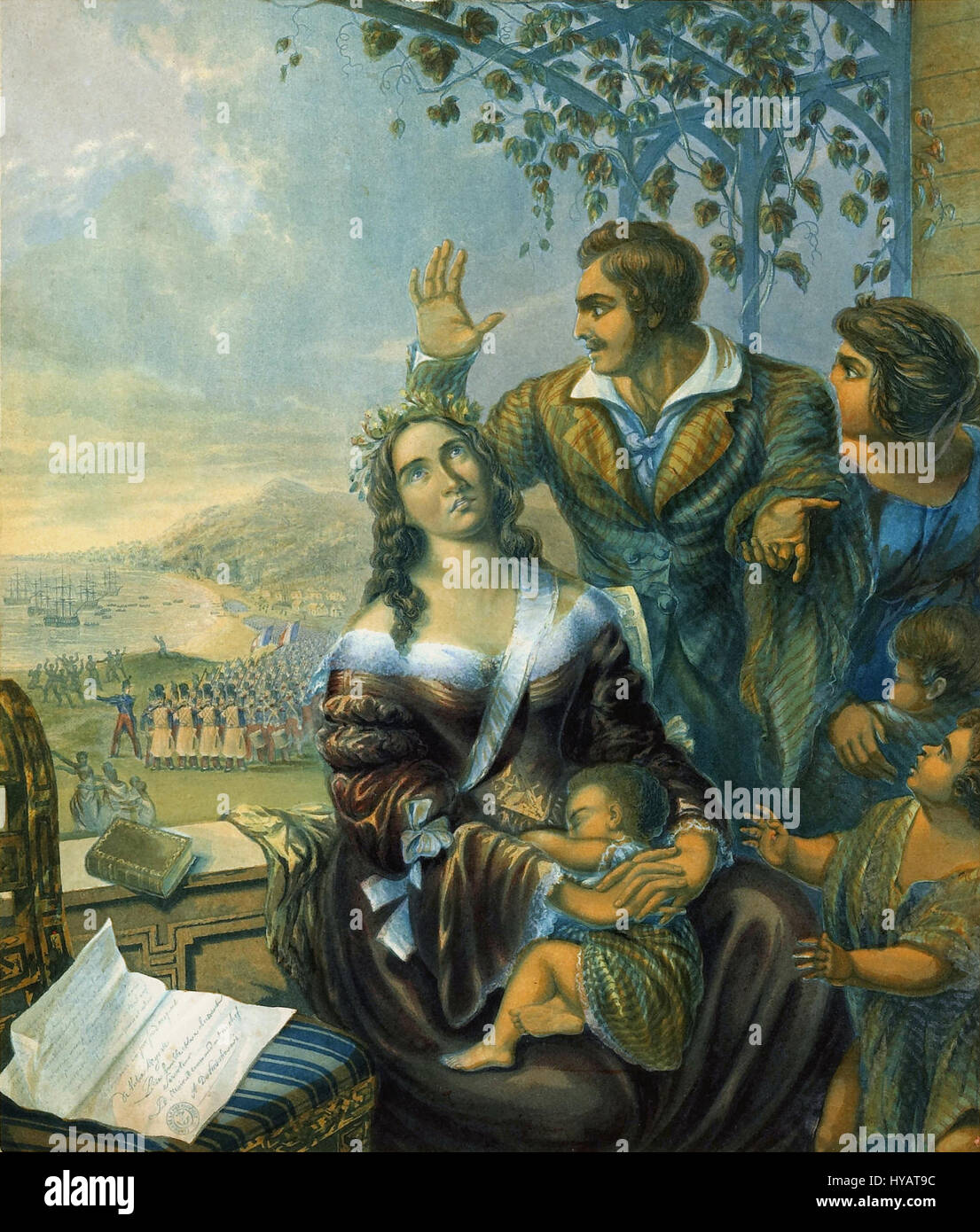 George Baxter's 1845 print portrays Pomare, Queen of Tahiti, as a persecuted Christian, highlighting the queen's religious conversion amidst political struggles. Stock Photo