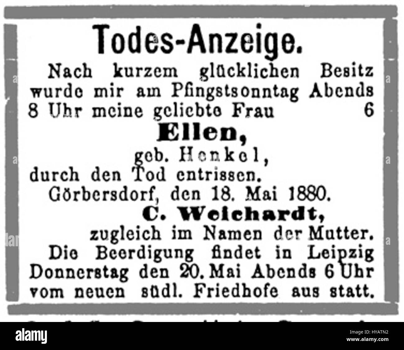 Stadtarchiv Eisenach Eisenacher Zeitung 1880 Todes Anzeige Stock Photo