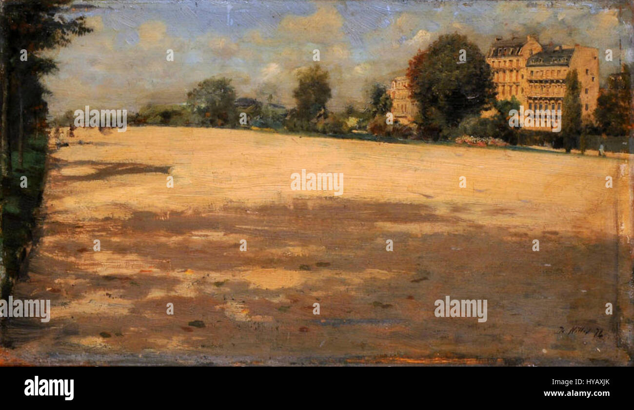 Giuseppe de Nittis’ 'Paisaje' (Landscape) depicts a scenic view of the Avenue du Bois de Boulogne, capturing the elegance of the Parisian park and its surroundings. The piece reflects Nittis’ Impressionist style. Stock Photo