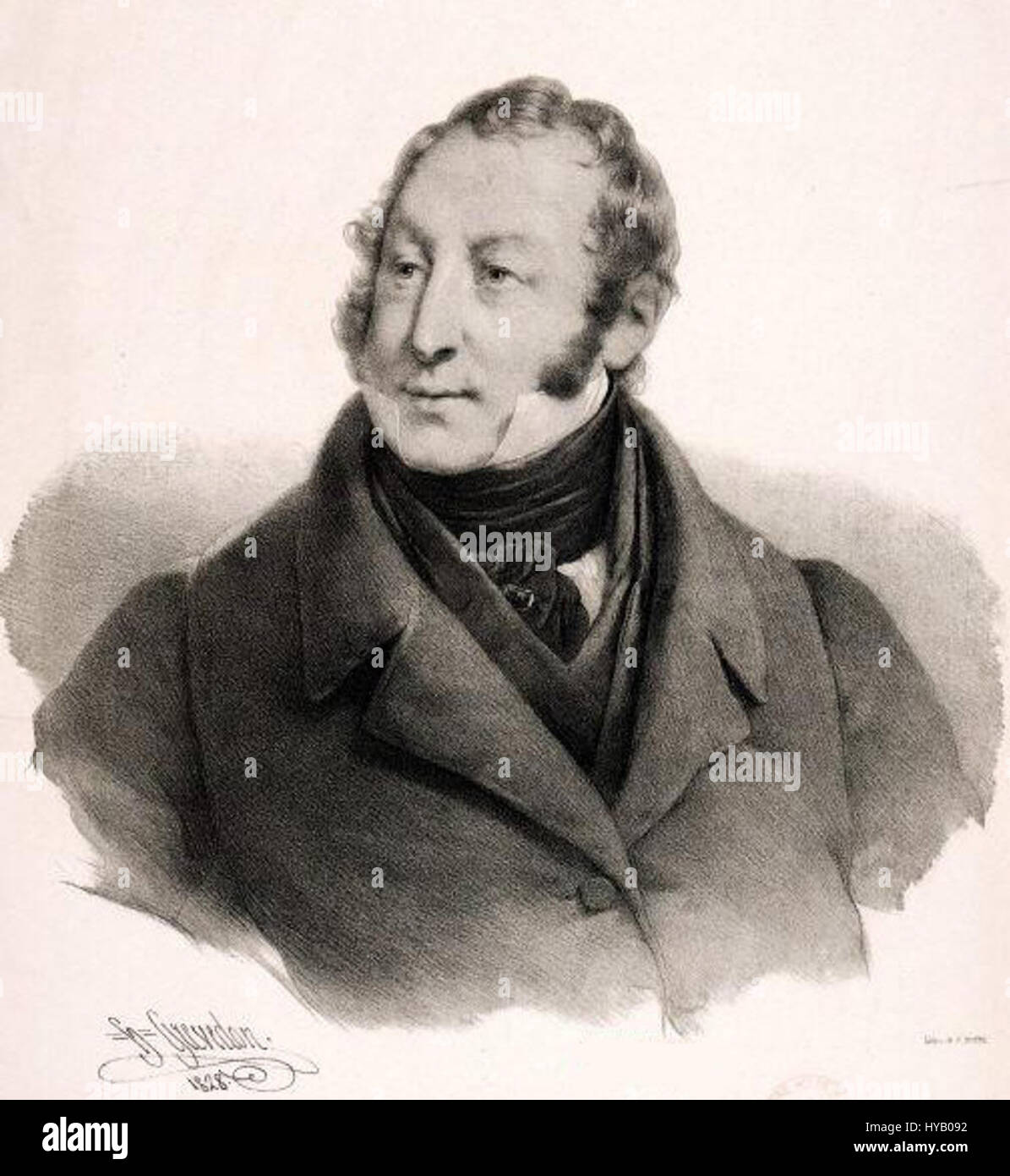 This 1828 portrait of the composer Gioachino Rossini by Grevedon captures the Italian opera legend in a moment of artistic reflection. Known for his operatic works like 'The Barber of Seville,' the portrait showcases Rossini's refined features and iconic presence. Stock Photo