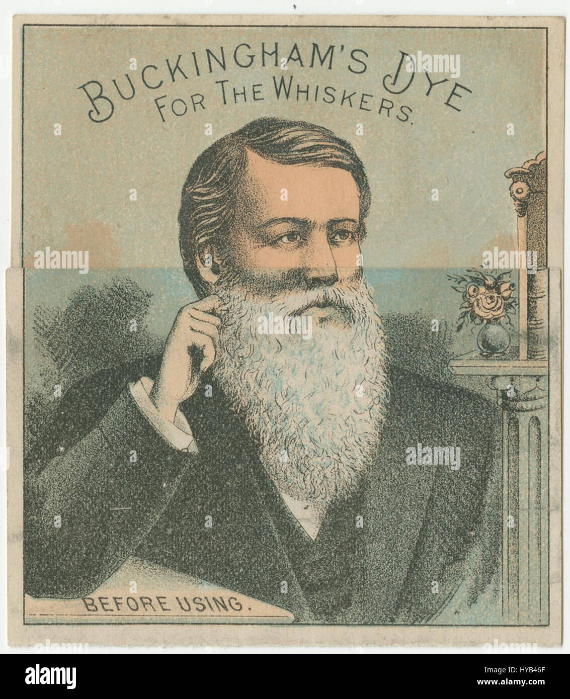 'Buckingham's Dye for the Whiskers,' dating to circa 1885, is an advertisement showcasing a product meant to enhance men's grooming, reflecting the cultural norms of the late 19th century. Stock Photo