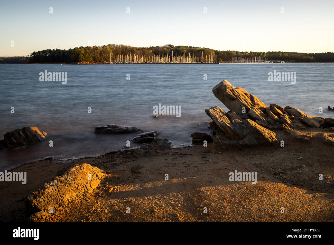 This image was taken during a period of very low water levels in Lake Lanier.  Federal Park is located in Flowery Branch, GA on Lake Lanier.  There are several amenities available at the park. Stock Photo