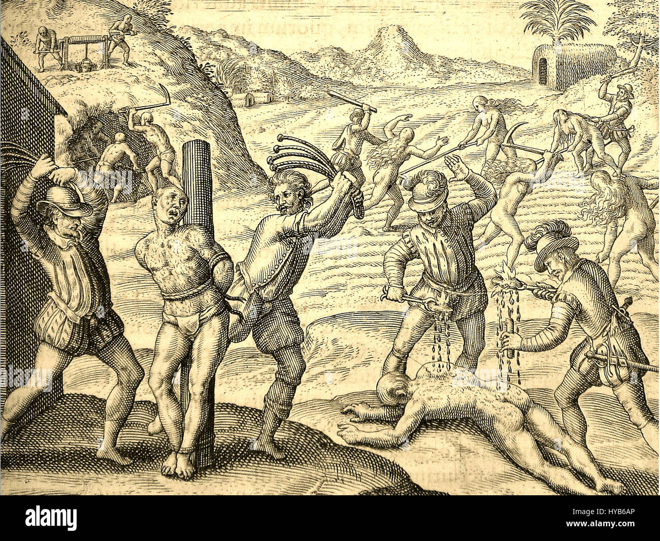 Conquistadors' abuses of Amerindians (1598 edition for las Casas' book) Stock Photo