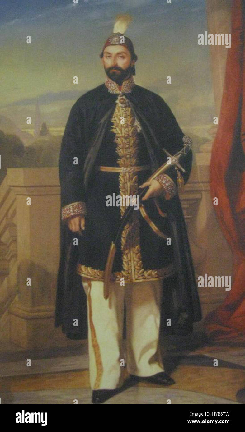 The portrait of Abdulmecid I, created by Rupen Manas, depicts the 19th-century Ottoman sultan. This artwork captures the sultan’s regal attire and dignified presence, reflecting the status and authority of the Ottoman Empire during his reign. Stock Photo