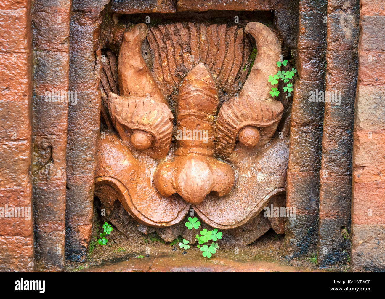 Ancient carvings at abandoned and partially ruined Hindu temples at My Son Stock Photo
