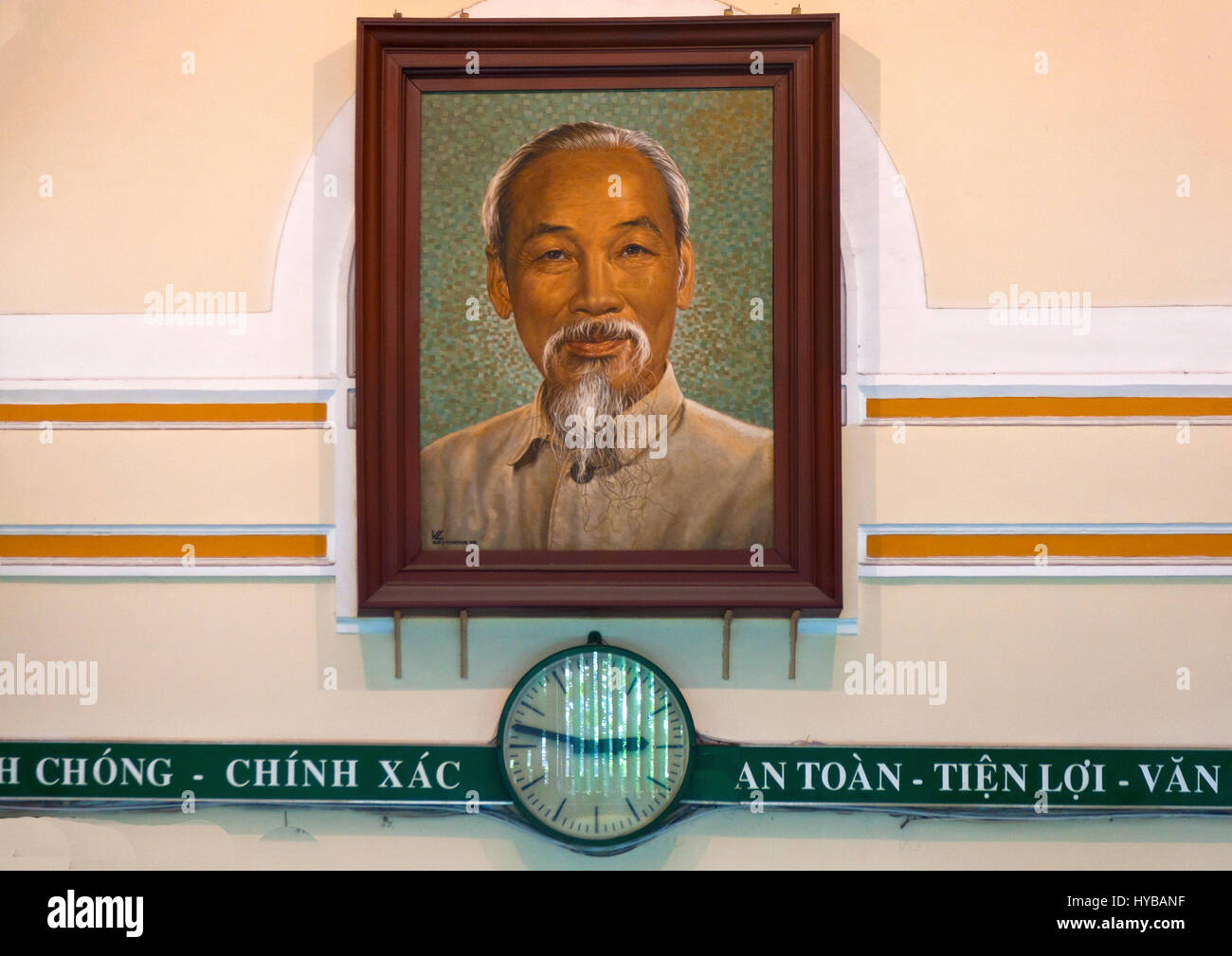 Portrait of Ho Chi Minh in Saigon Post Office main hall Stock Photo