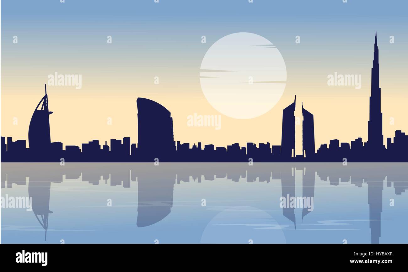 Silhouette of Dubai skyline with reflection scenery Stock Vector Image ...