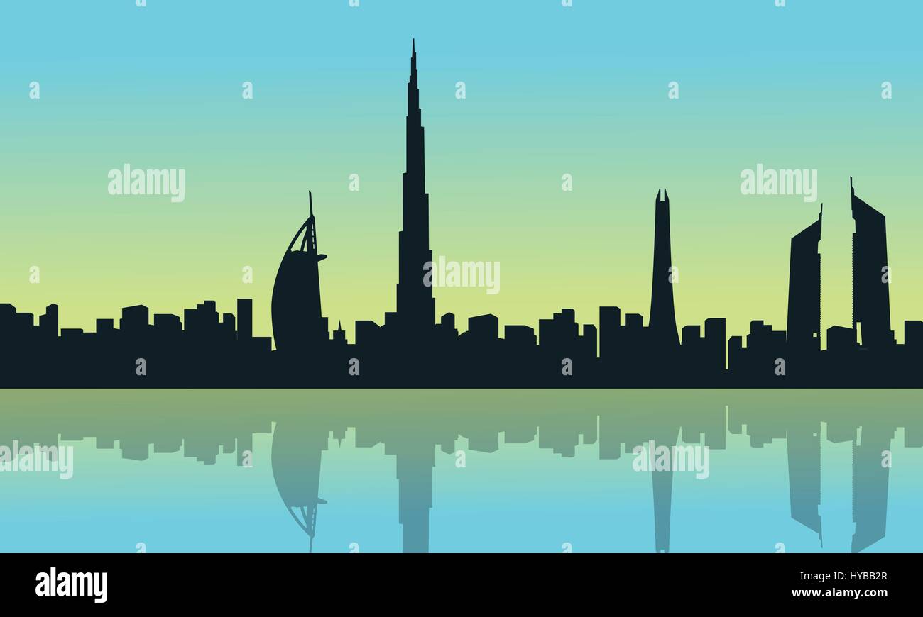 Dubai skyline with reflection scenery silhouettes Stock Vector