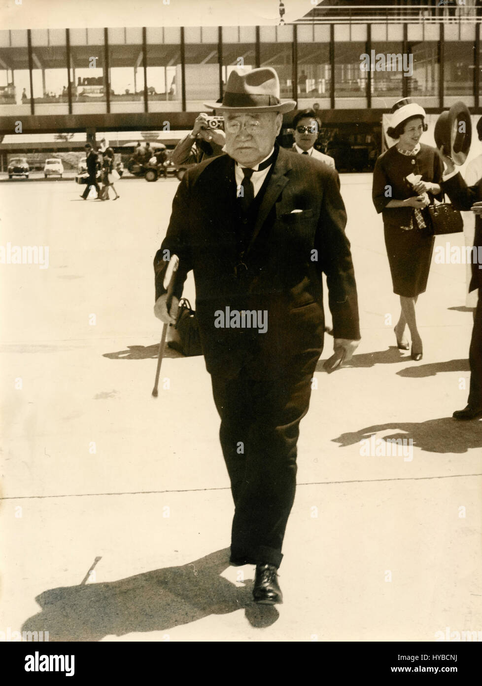 Japonese Prime Minister Shigeru Yoshida at Fiumicino Airport, Italy